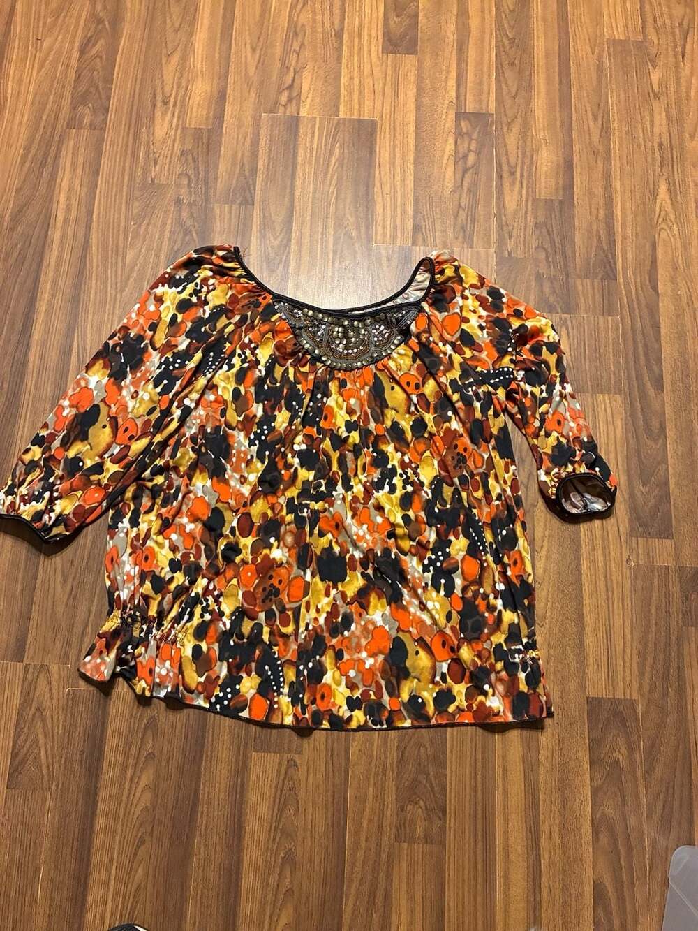New Directions Woman Floral Print Blouse with Embellished Neckline, Plus Size 2X